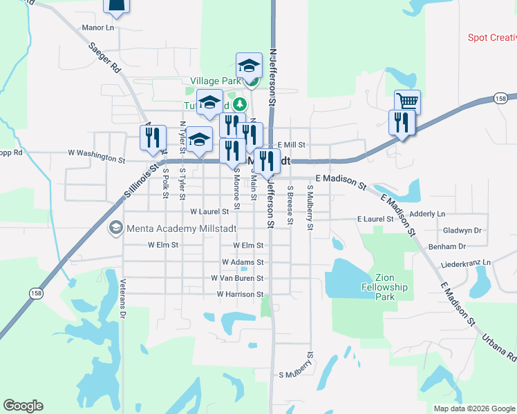map of restaurants, bars, coffee shops, grocery stores, and more near 101 West Oak Street in Millstadt