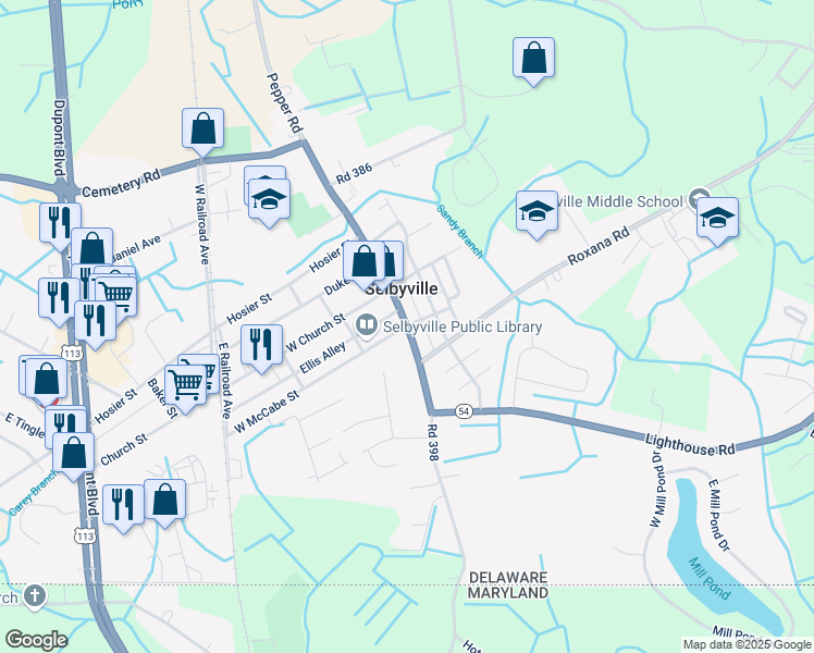 map of restaurants, bars, coffee shops, grocery stores, and more near 19 South Main Street in Selbyville