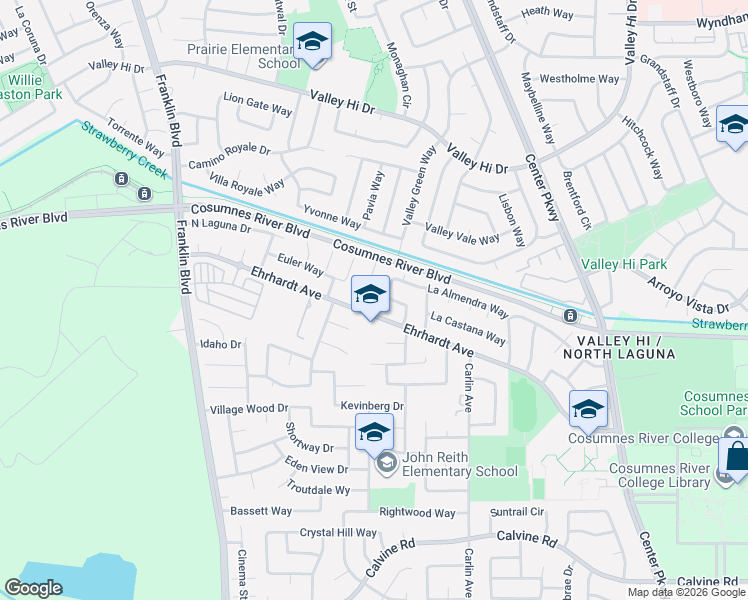 map of restaurants, bars, coffee shops, grocery stores, and more near 5500 Ehrhardt Avenue in Sacramento