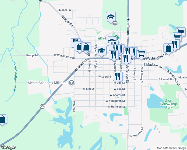map of restaurants, bars, coffee shops, grocery stores, and more near 511 West Oak Street in Millstadt