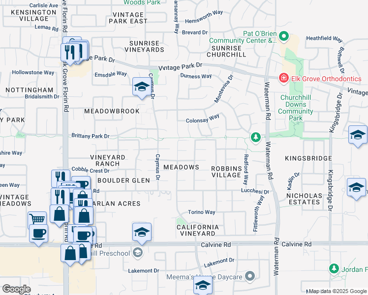 map of restaurants, bars, coffee shops, grocery stores, and more near 9111 Cobble Field Drive in Sacramento