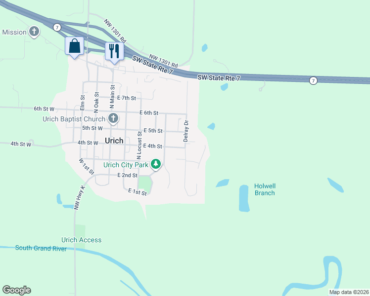 map of restaurants, bars, coffee shops, grocery stores, and more near 398 Delray Dr in Urich