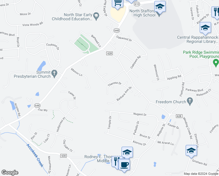 map of restaurants, bars, coffee shops, grocery stores, and more near 123 Theresa Drive in Stafford