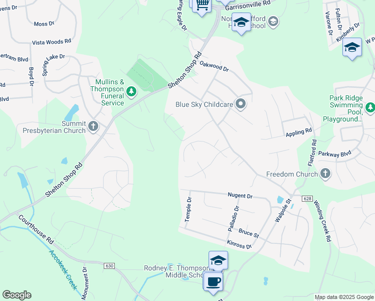 map of restaurants, bars, coffee shops, grocery stores, and more near 123 Theresa Drive in Stafford