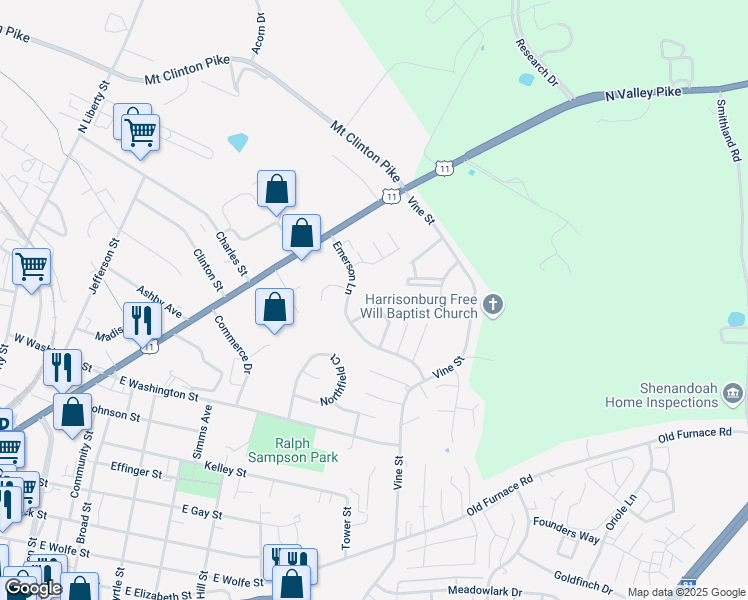 map of restaurants, bars, coffee shops, grocery stores, and more near 1242 Old Richmond Circle in Harrisonburg