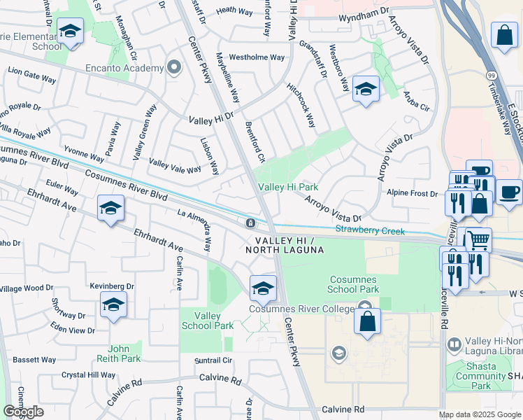 map of restaurants, bars, coffee shops, grocery stores, and more near 8212 Center Parkway in Sacramento