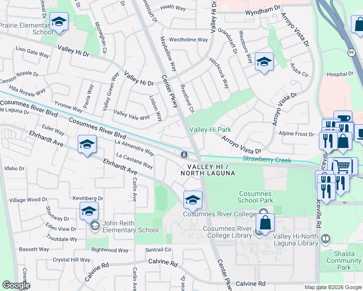 map of restaurants, bars, coffee shops, grocery stores, and more near 8212 Center Parkway in Sacramento