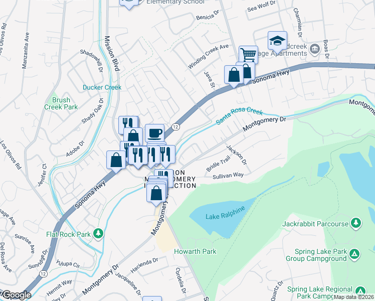 map of restaurants, bars, coffee shops, grocery stores, and more near 5 Kashmir Drive in Santa Rosa