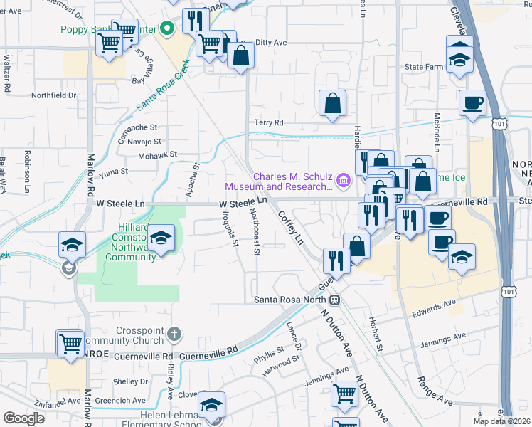 map of restaurants, bars, coffee shops, grocery stores, and more near 2055 West Steele Lane in Santa Rosa