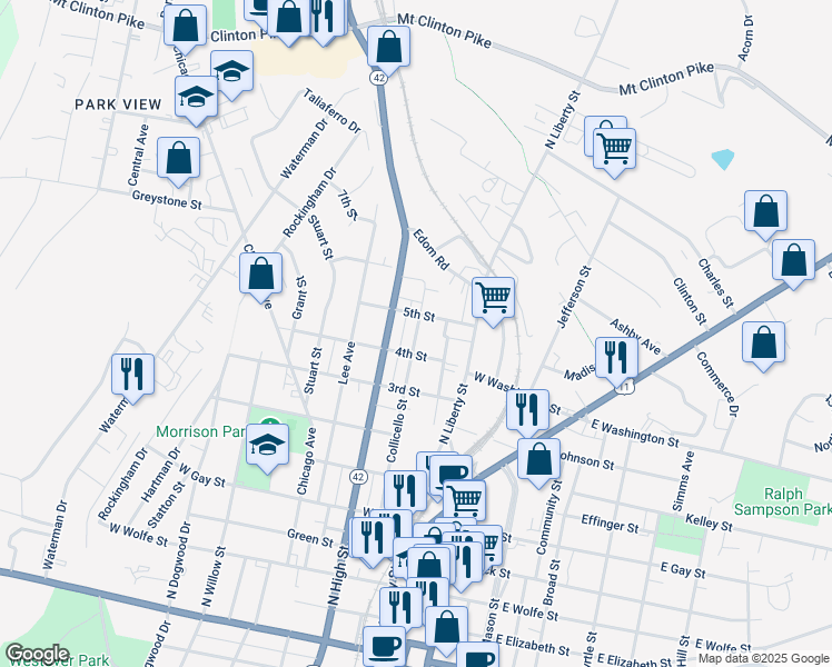 map of restaurants, bars, coffee shops, grocery stores, and more near 910 Collicello Street in Harrisonburg