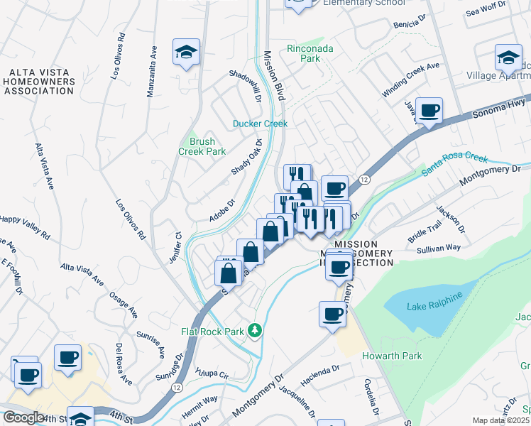 map of restaurants, bars, coffee shops, grocery stores, and more near 493 Mission Boulevard in Santa Rosa