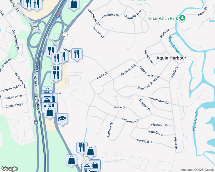 map of restaurants, bars, coffee shops, grocery stores, and more near 1013 Richmond Drive in Stafford