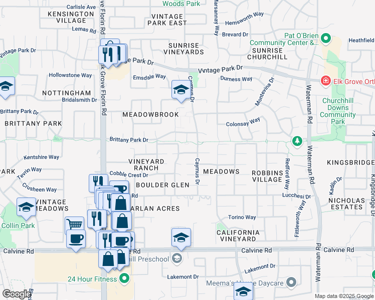 map of restaurants, bars, coffee shops, grocery stores, and more near 8198 Mellie Court in Sacramento