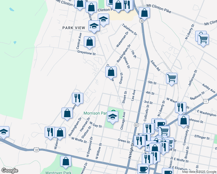 map of restaurants, bars, coffee shops, grocery stores, and more near 800 Rockingham Drive in Harrisonburg