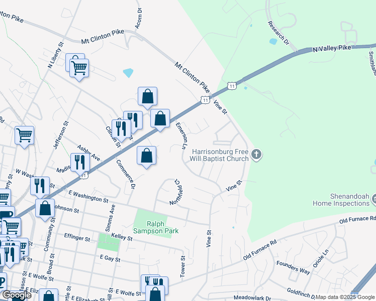 map of restaurants, bars, coffee shops, grocery stores, and more near 196 Emerson Lane in Harrisonburg