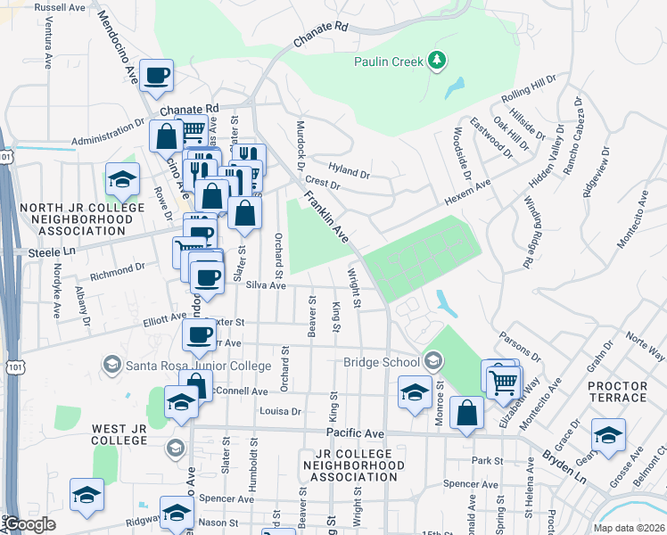 map of restaurants, bars, coffee shops, grocery stores, and more near 1855 Wright Street in Santa Rosa