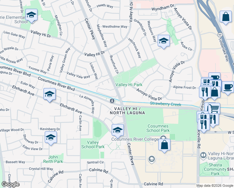 map of restaurants, bars, coffee shops, grocery stores, and more near 8212 Center Parkway in Sacramento