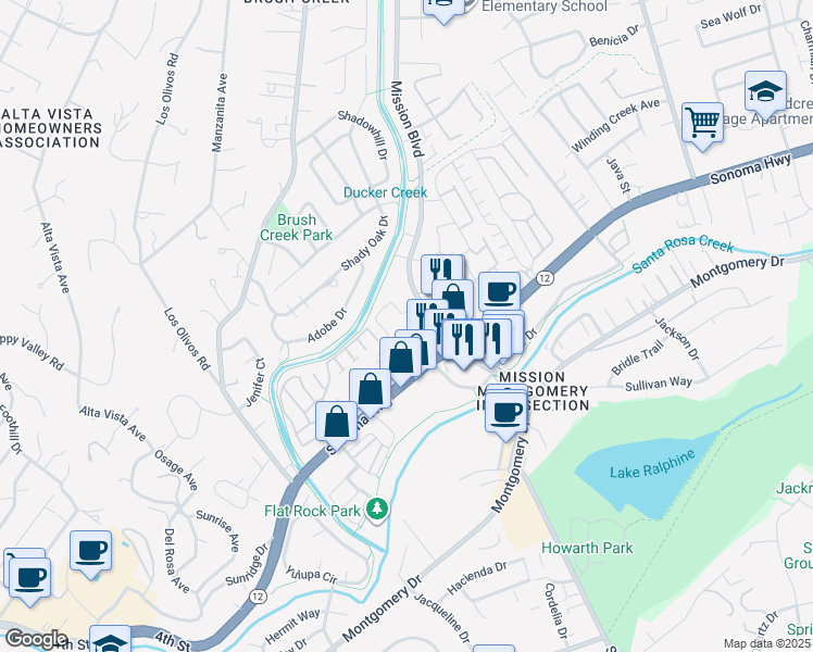 map of restaurants, bars, coffee shops, grocery stores, and more near 579 Mission Boulevard in Santa Rosa
