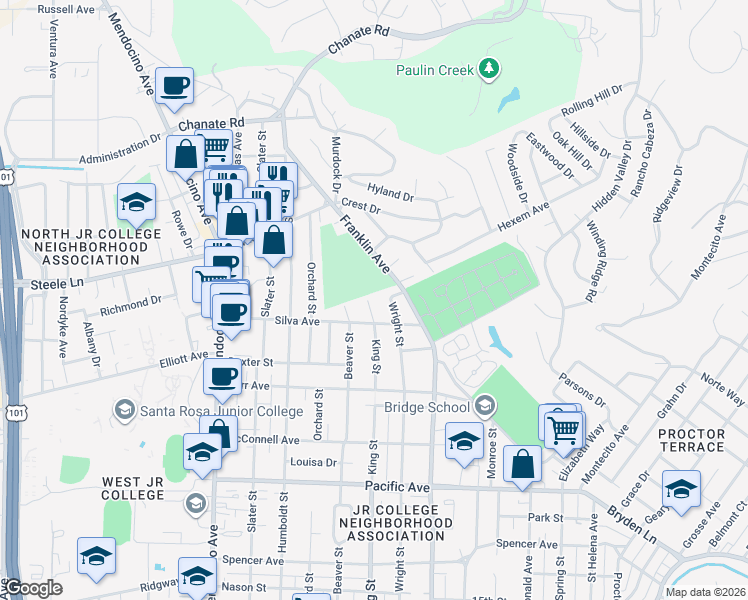 map of restaurants, bars, coffee shops, grocery stores, and more near 1855 Wright Street in Santa Rosa