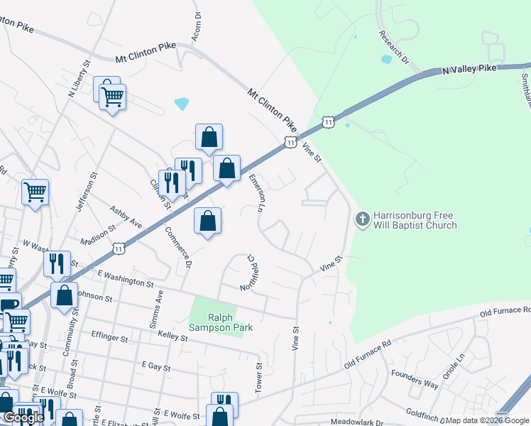 map of restaurants, bars, coffee shops, grocery stores, and more near 176 Emerson Lane in Harrisonburg