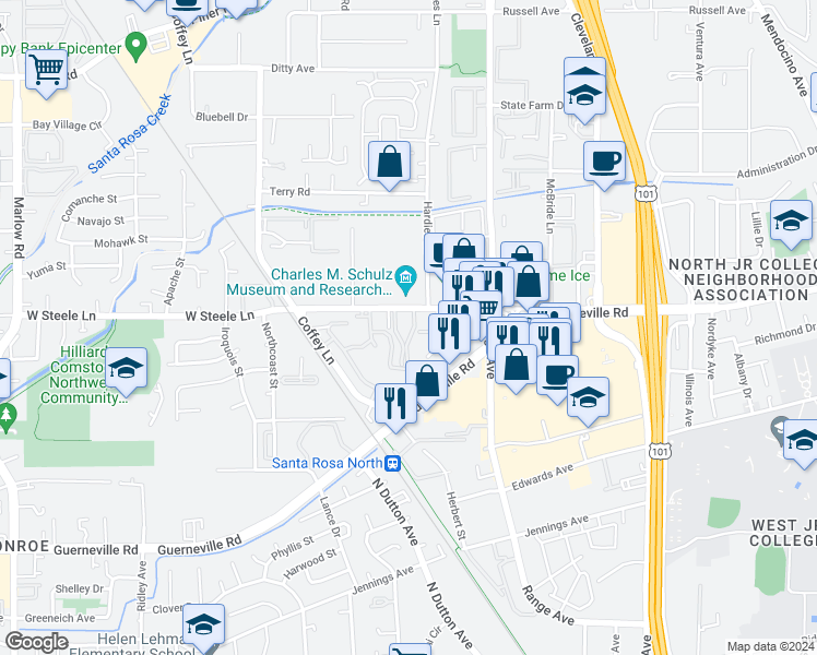 map of restaurants, bars, coffee shops, grocery stores, and more near 2179 Sunleaf Ln in Santa Rosa