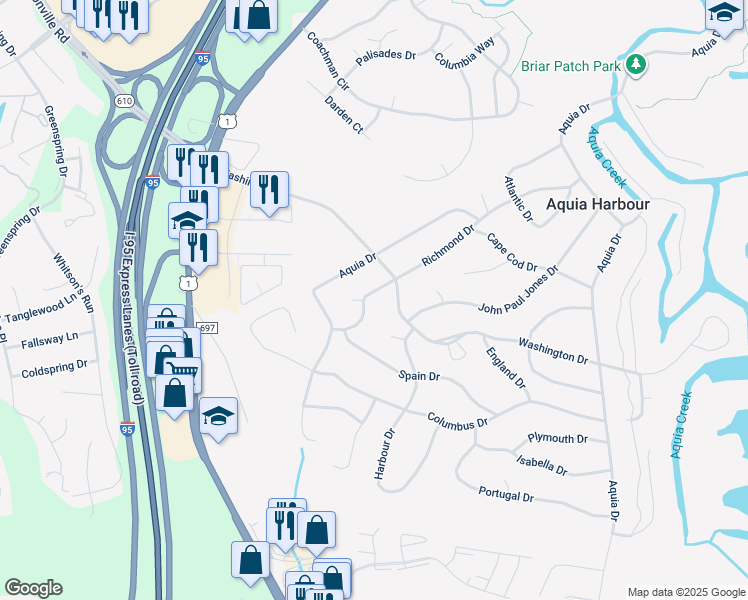 map of restaurants, bars, coffee shops, grocery stores, and more near 1013 Richmond Drive in Stafford