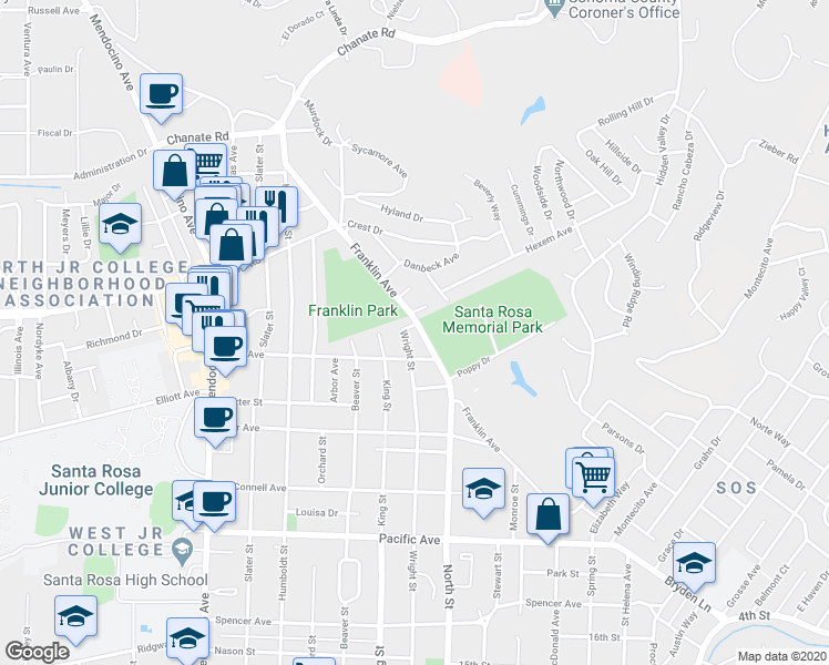 map of restaurants, bars, coffee shops, grocery stores, and more near 1864 Wright Street in Santa Rosa