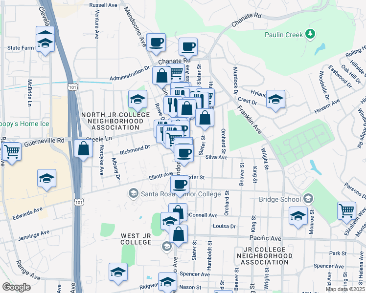 map of restaurants, bars, coffee shops, grocery stores, and more near 2050 Mendocino Avenue in Santa Rosa