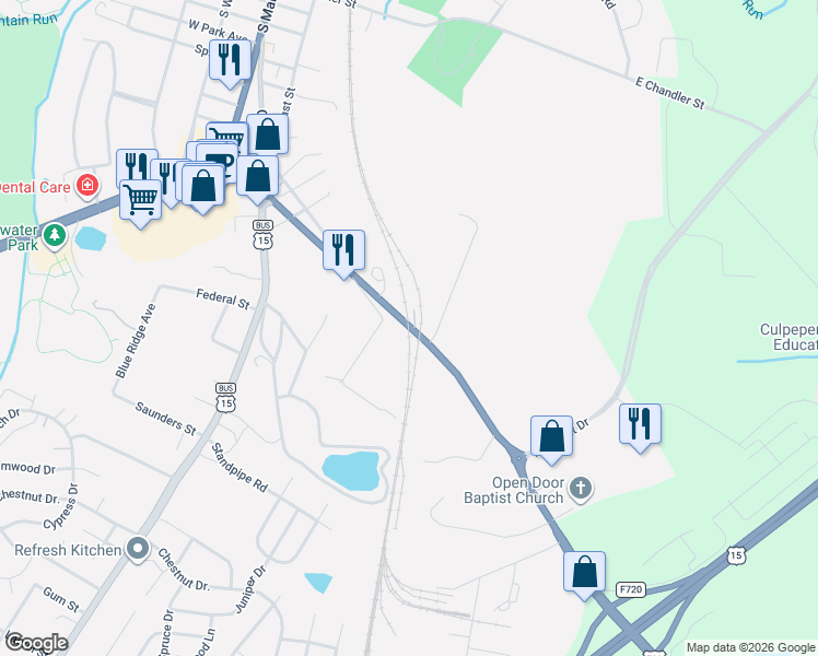 map of restaurants, bars, coffee shops, grocery stores, and more near Fredericksburg Road in Culpeper