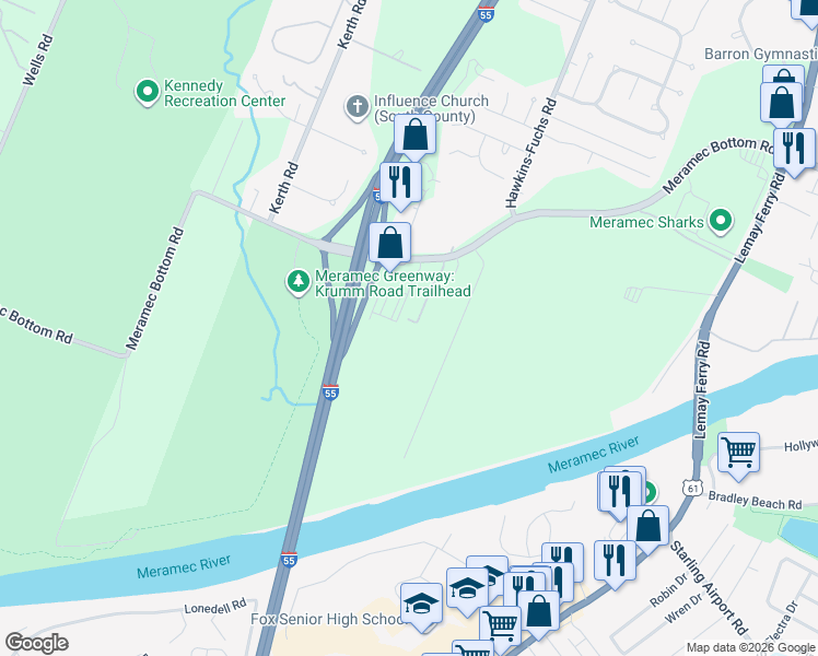 map of restaurants, bars, coffee shops, grocery stores, and more near 6421 Brookfield Court Drive in St. Louis County