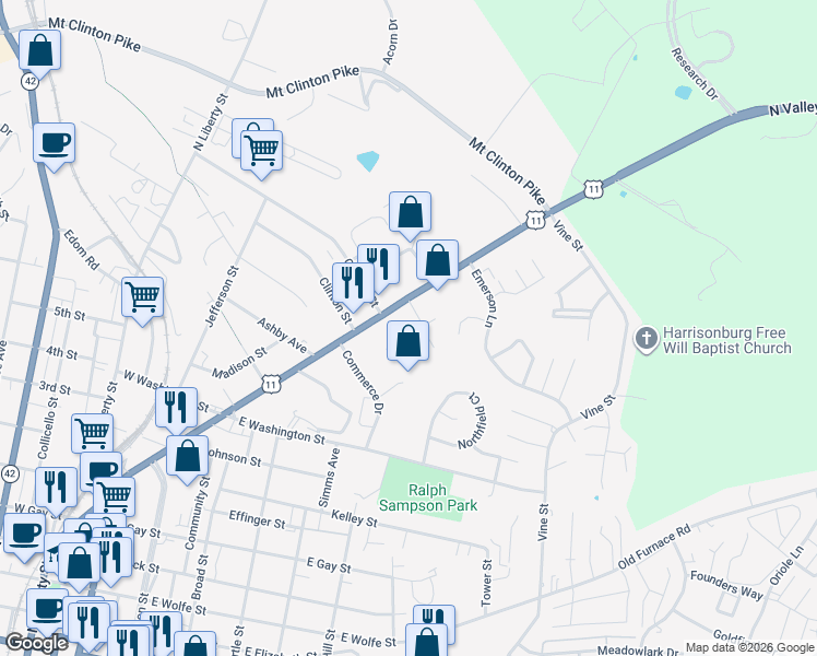 map of restaurants, bars, coffee shops, grocery stores, and more near 1114 North Main Street in Harrisonburg