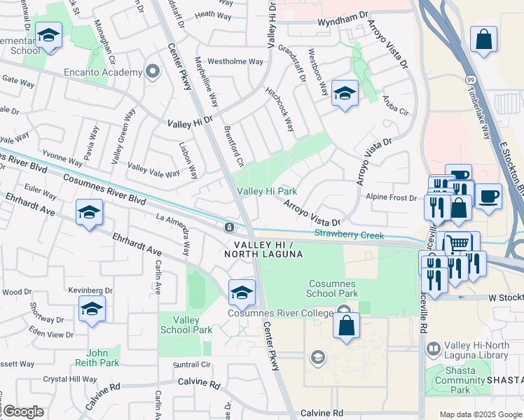 map of restaurants, bars, coffee shops, grocery stores, and more near 8379 Arroyo Vista Drive in Sacramento