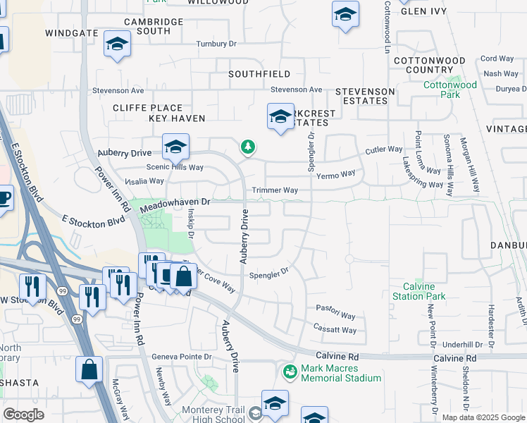map of restaurants, bars, coffee shops, grocery stores, and more near 8316 Triad Circle in Sacramento