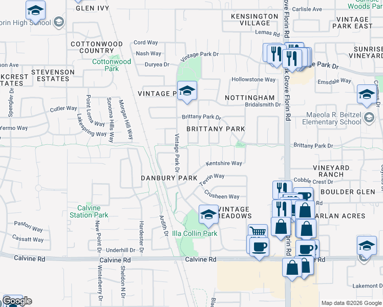 map of restaurants, bars, coffee shops, grocery stores, and more near 8221 Bedford Cove Way in Sacramento