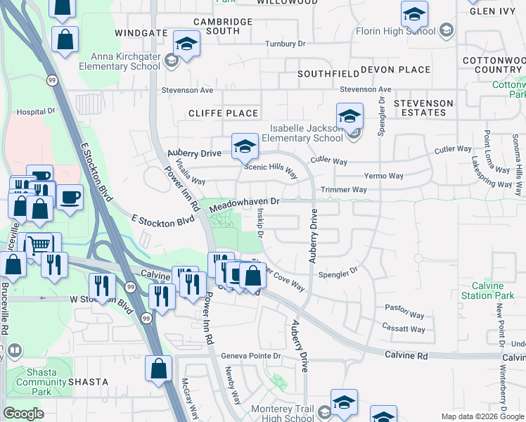 map of restaurants, bars, coffee shops, grocery stores, and more near 8200 Inskip Drive in Sacramento