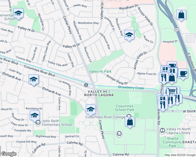 map of restaurants, bars, coffee shops, grocery stores, and more near 8379 Arroyo Vista Drive in Sacramento