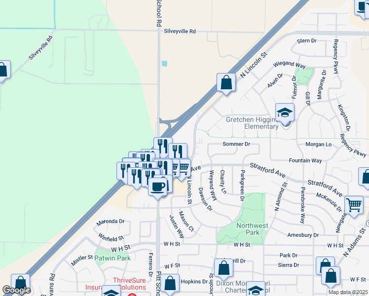 map of restaurants, bars, coffee shops, grocery stores, and more near 1395 North Lincoln Street in Dixon