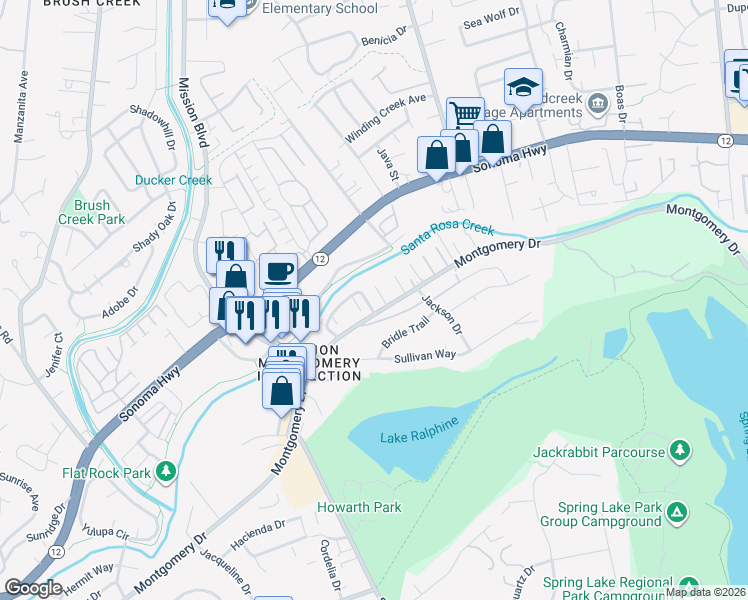 map of restaurants, bars, coffee shops, grocery stores, and more near 10 Creekview Court in Santa Rosa