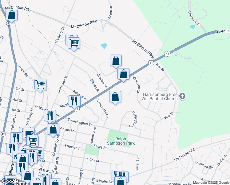 map of restaurants, bars, coffee shops, grocery stores, and more near 1114 North Main Street in Harrisonburg