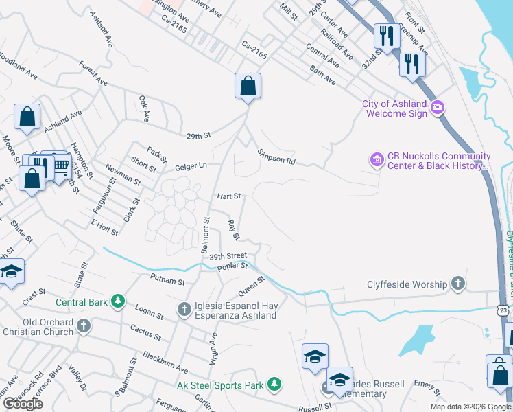 map of restaurants, bars, coffee shops, grocery stores, and more near 4109-4177 Hart Street in Ashland