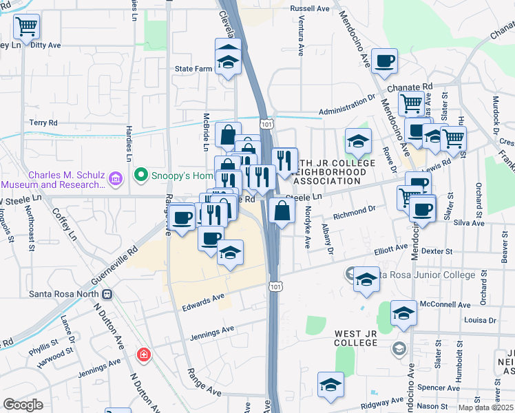 map of restaurants, bars, coffee shops, grocery stores, and more near 1000 Steele Lane in Santa Rosa