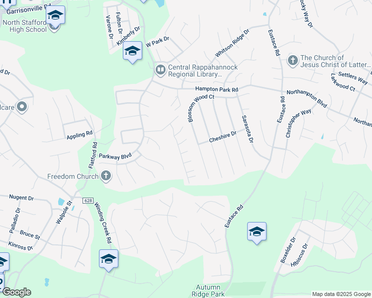 map of restaurants, bars, coffee shops, grocery stores, and more near 5 Kip Court in Stafford