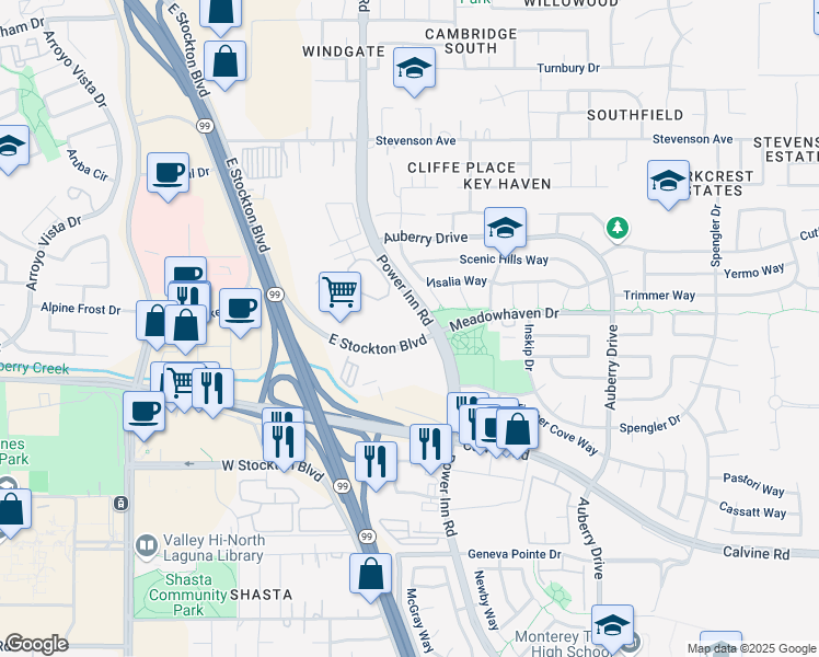 map of restaurants, bars, coffee shops, grocery stores, and more near 8299 East Stockton Boulevard in Sacramento