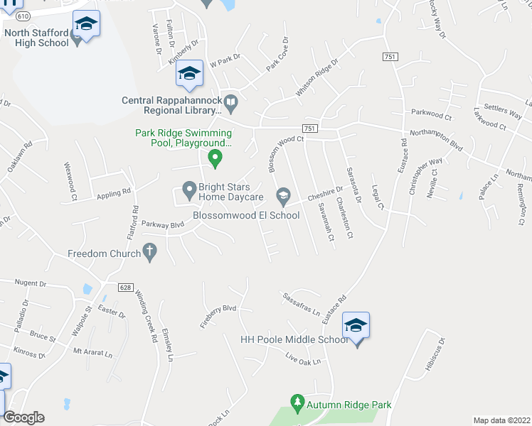 map of restaurants, bars, coffee shops, grocery stores, and more near 5 Kip Court in Stafford