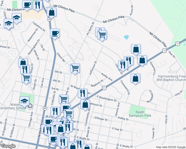 map of restaurants, bars, coffee shops, grocery stores, and more near 874 Jefferson Street in Harrisonburg