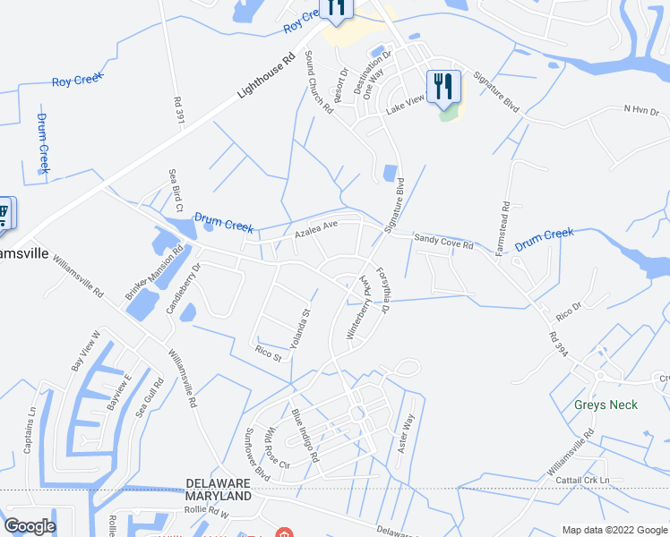 map of restaurants, bars, coffee shops, grocery stores, and more near 31574 Winterberry Parkway in Selbyville