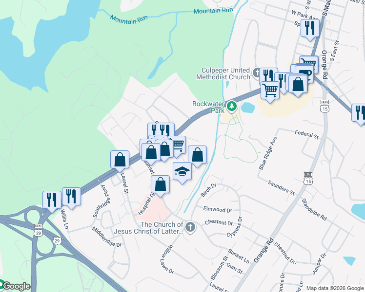 map of restaurants, bars, coffee shops, grocery stores, and more near 525 Tara Court in Culpeper
