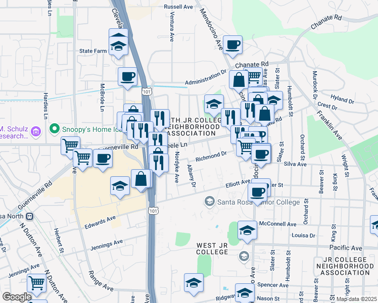 map of restaurants, bars, coffee shops, grocery stores, and more near 2152 Service Court in Santa Rosa