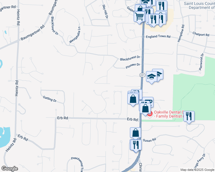 map of restaurants, bars, coffee shops, grocery stores, and more near 2615 Softwood Drive in St. Louis