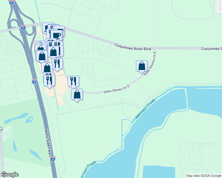 map of restaurants, bars, coffee shops, grocery stores, and more near 8152 Delta Shores Circle South in Sacramento